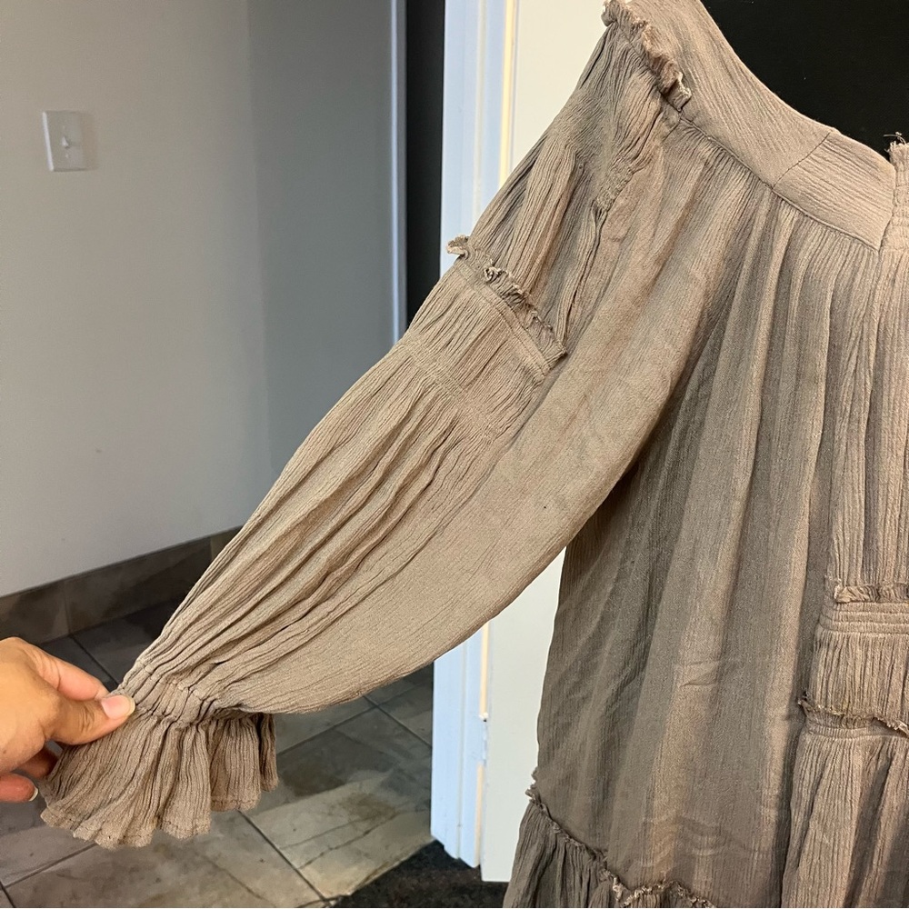 Free People Flowy Pleated Mini Dress XS Oversized Smocked Long Sleeve Boho - Picture 5 of 11